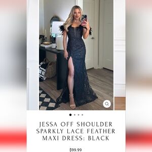 Jessa Off Shoulder Sparkly Lace Feather Maxi Dress: Black